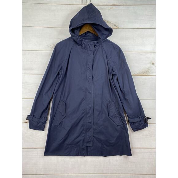 J Crew Trench Coat Womens Size 10 Navy Blue Hooded Snap/Zip Mid Length Cotton - Picture 1 of 13